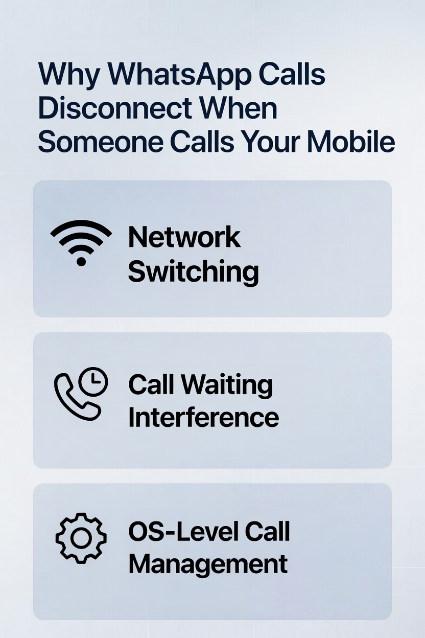 A technical infographic explaining why WhatsApp calls disconnect